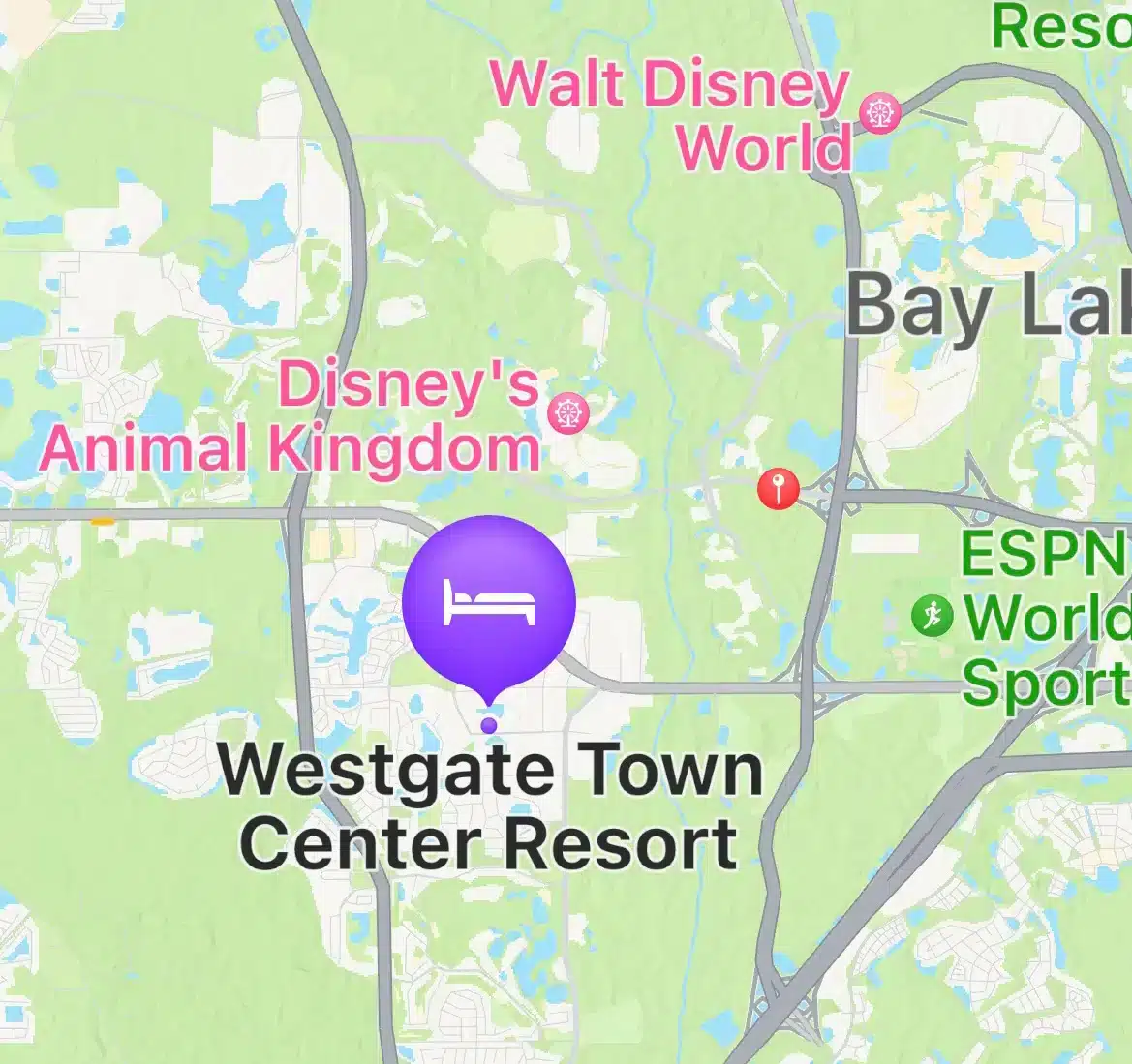 Map showing Westgate Town Center Resort near Walt Disney World, Orlando